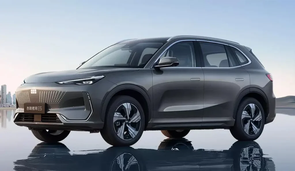 Sleek side view of the all-new Geely Galaxy E5 electric SUV with futuristic LED headlights.