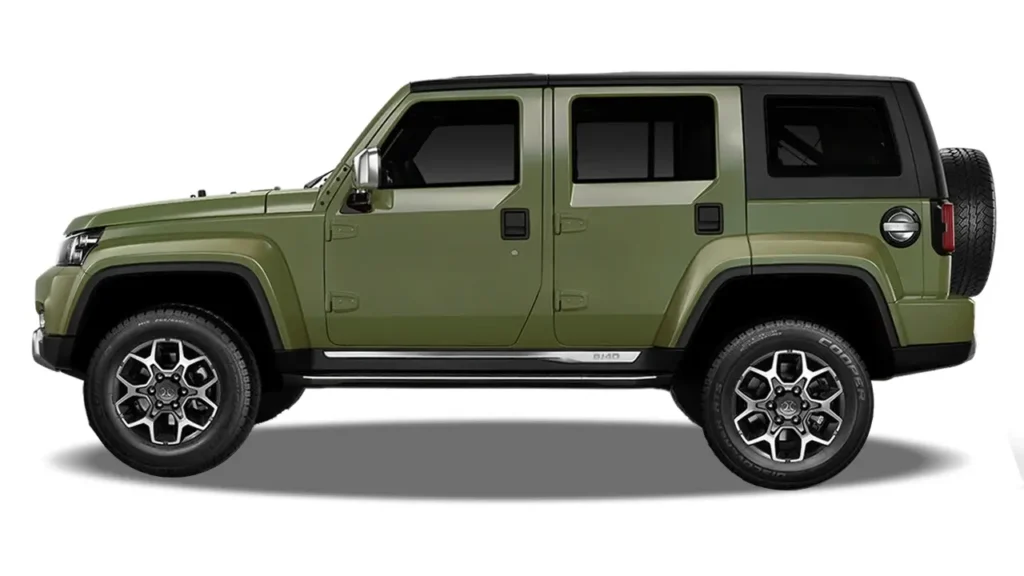 Side view of a BAIC BJ40 Plus SUV in olive green color with a black roof and large alloy wheels.