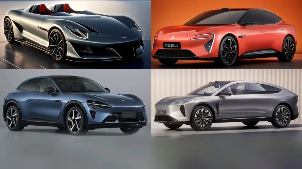 Chinese cars – futuristic electric sedans and sports coupes showcasing advanced aerodynamics and sleek body design. Chinese electric vehicles