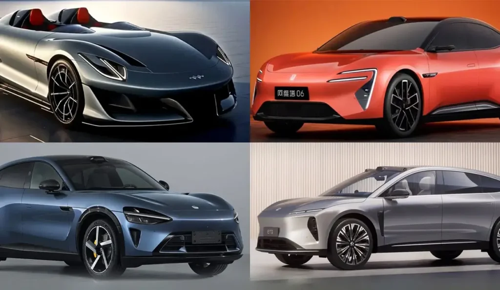 Chinese cars – futuristic electric sedans and sports coupes showcasing advanced aerodynamics and sleek body design. Chinese electric vehicles