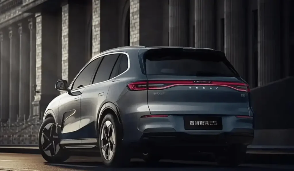 Rear view of the Geely Galaxy E5 highlighting aerodynamic taillights and urban-inspired styling.
