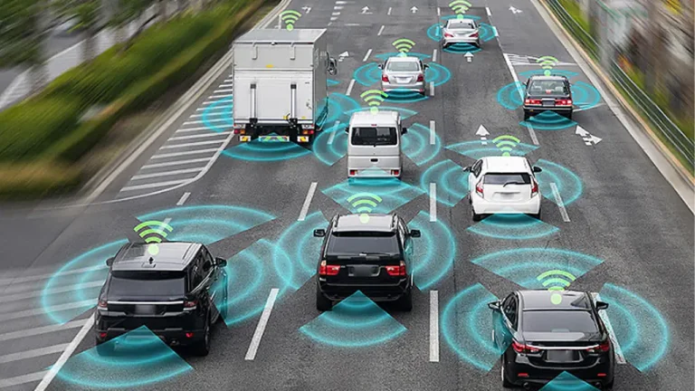 Multiple cars on a smart highway equipped with autonomous driving sensors