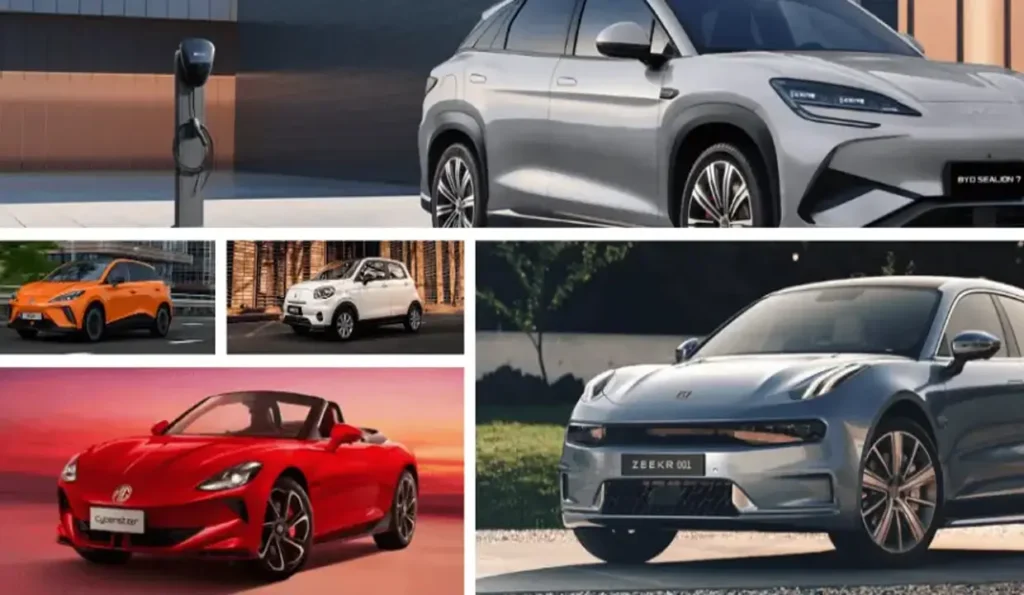 Chinese cars lineup – a variety of electric and compact city vehicles, highlighting innovation and modern automotive design. Chinese electric vehicles