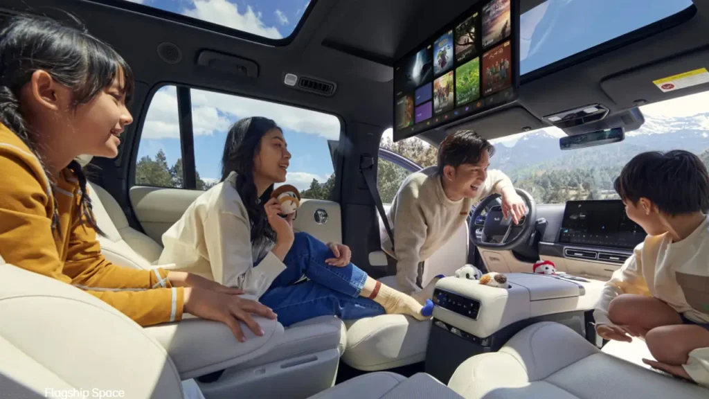 "Chinese cars with smart interiors: family enjoying entertainment system inside spacious electric SUV."