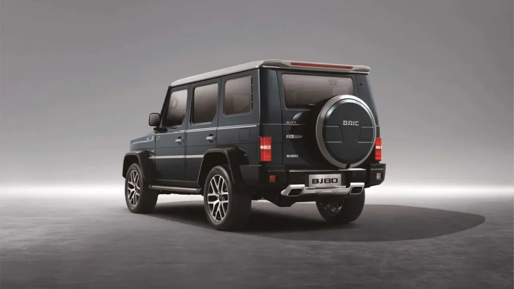 Rear view of the BAIC BJ80 SUV in grey, featuring the spare wheel cover and dual exhaust design.