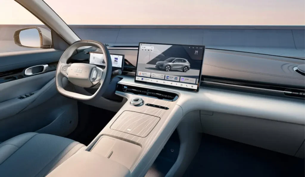 Futuristic dashboard of the Geely Galaxy E5 featuring dual digital displays and smart climate controls.