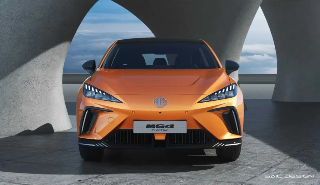 Front-facing MG 4 EV orange electric hatchback