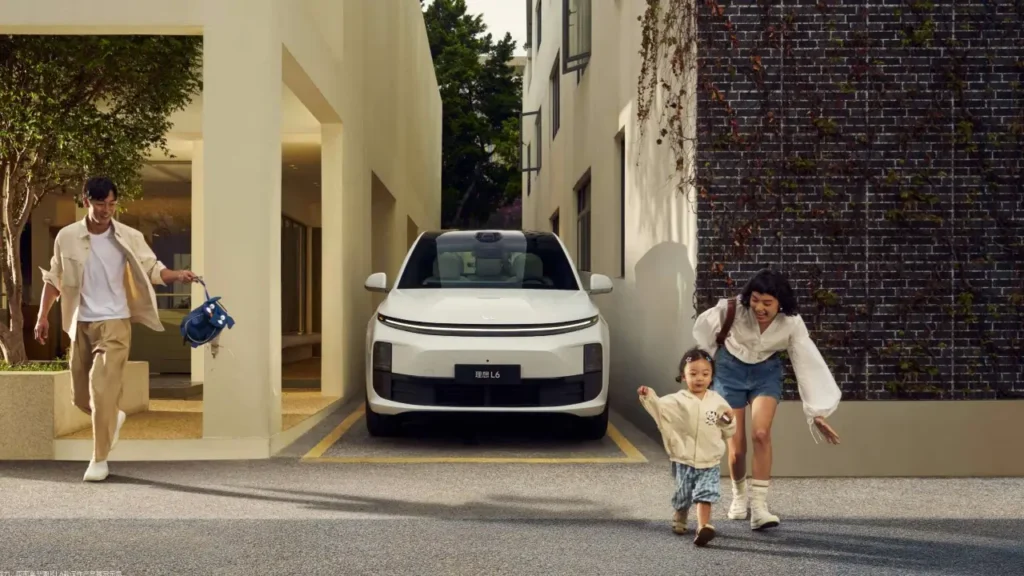 "Urban mobility with Chinese cars: modern family SUV parked between buildings as parents and child walk together."