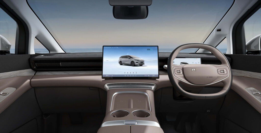 Dashboard view of Xpeng X9 interior with wide display